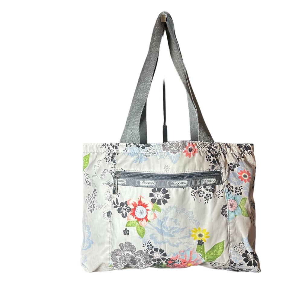 Lesportsac floral reversible tote white with gray pink blue + green gray reverse